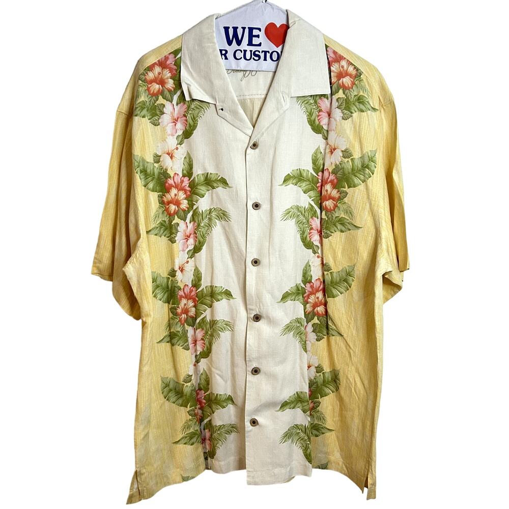 Tommy Bahama Silk Linen Hawaiian Button Up Shirt Mens Size XL Yellow White Bowl